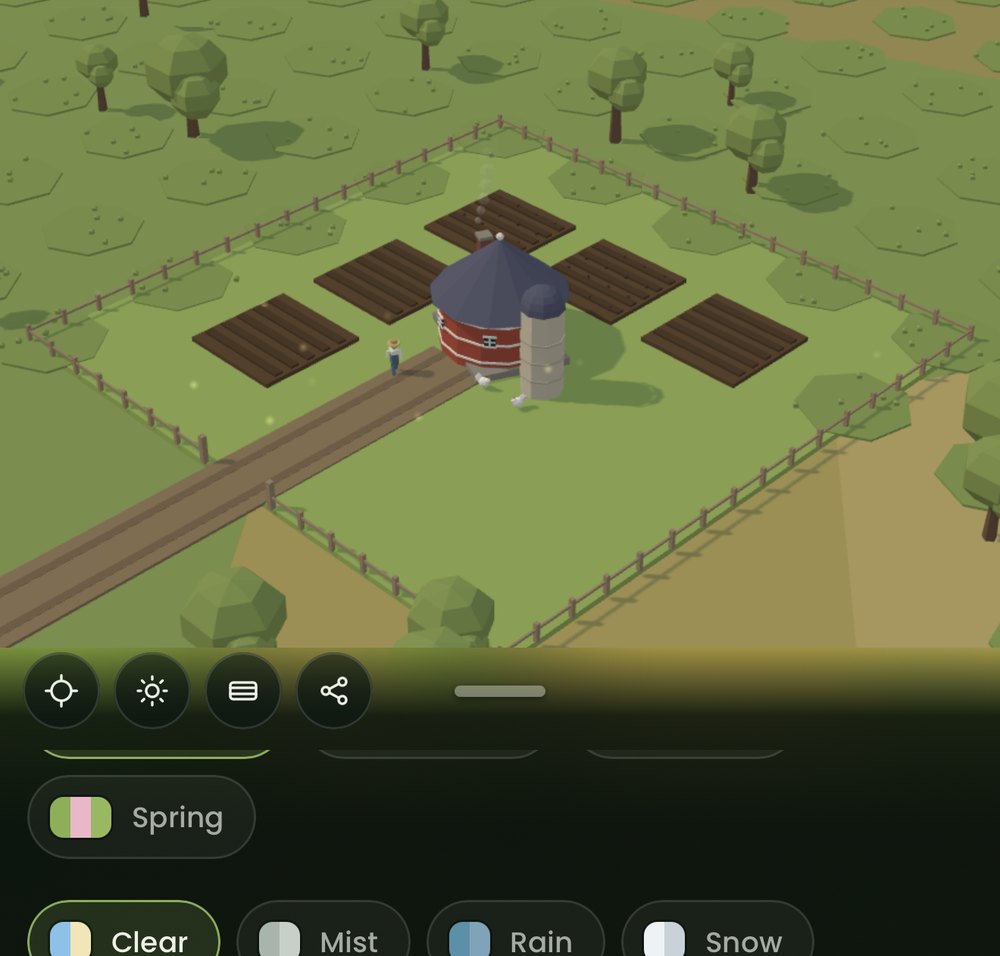 A round barn with a conical roof at the centre of the farm
