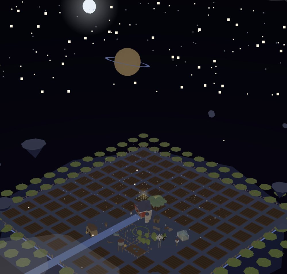 The farm as an island adrift in space, under stars and a ringed planet